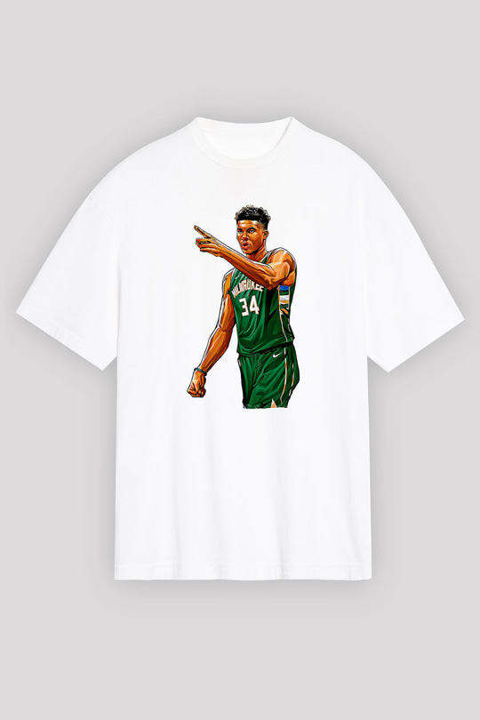 Giannis Antetokounpma Baskılı Beyaz Unisex Oversize Tişört - Tshirt