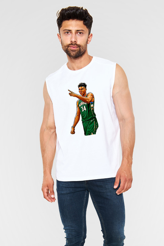 Giannis Antetokounpma Baskılı Beyaz Unisex Kolsuz Tişört - Tshirt