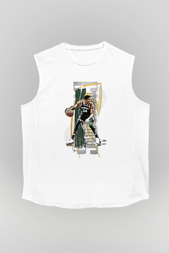 Giannis Antetokounpma Baskılı Beyaz Unisex Kolsuz Tişört - Tshirt