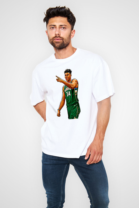 Giannis Antetokounpma Baskılı Beyaz Unisex Oversize Tişört - Tshirt