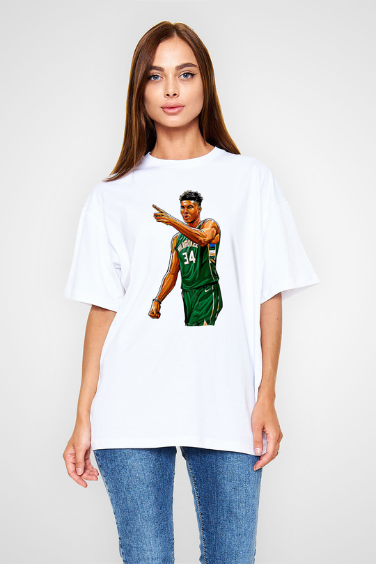 Giannis Antetokounpma Baskılı Beyaz Unisex Oversize Tişört - Tshirt