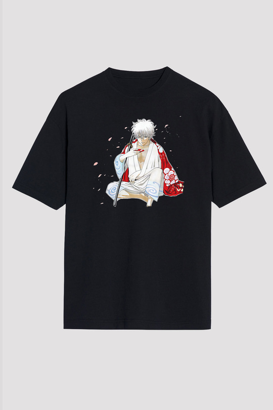 Gintama Baskılı Unisex Siyah Oversize Tişört - Tshirt