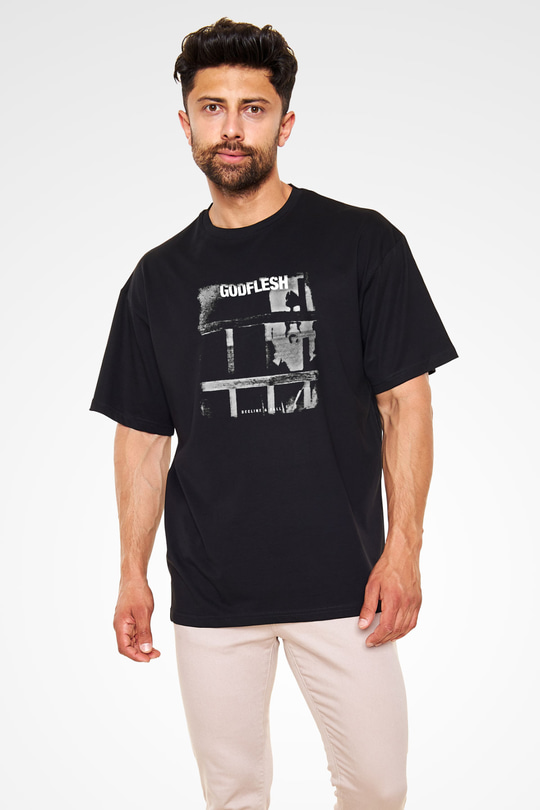Godflesh Baskılı Unisex Siyah Oversize Tişört