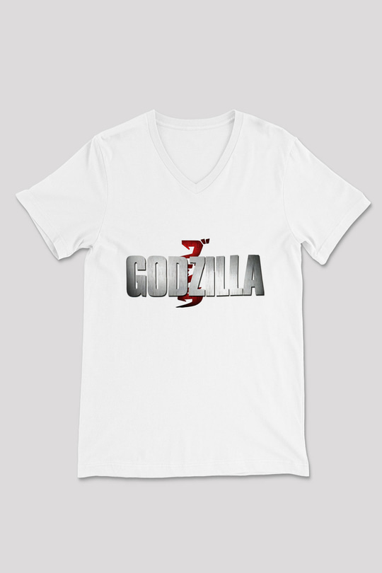 Godzilla Beyaz Unisex V Yaka Tişört T-Shirt