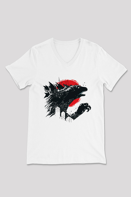 Godzilla Beyaz Unisex V Yaka Tişört T-Shirt