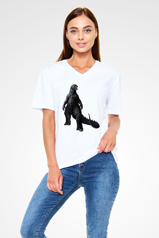 Godzilla Beyaz Unisex V Yaka Tişört T-Shirt