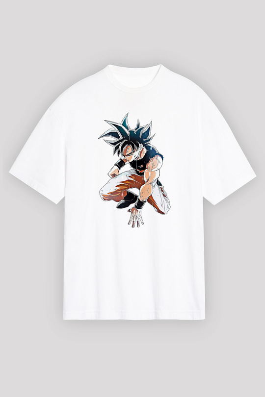 Goku Baskılı Beyaz Unisex Oversize Tişört - Tshirt
