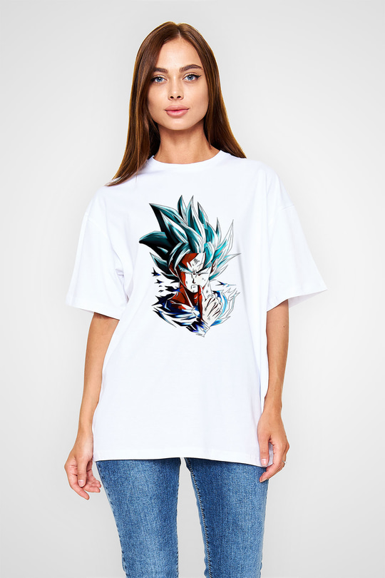 Goku Baskılı Beyaz Unisex Oversize Tişört - Tshirt