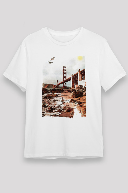 Golden Gate Bridge Beyaz Unisex Tişört T-Shirt - TişörtFabrikası