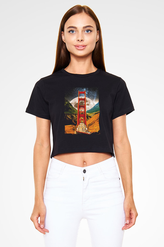 Golden Gate Bridge Siyah  Crop Top Tişört