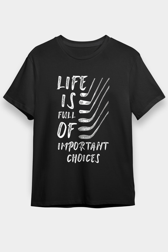 Golf Baskılı Unisex Siyah Tişört - Tshirt