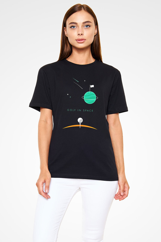 Golf Baskılı Unisex Siyah Tişört - Tshirt