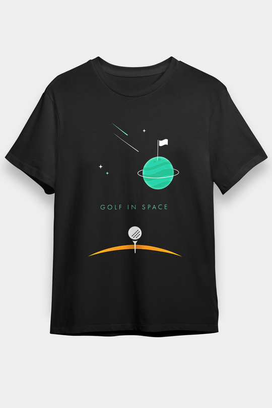 Golf Baskılı Unisex Siyah Tişört - Tshirt