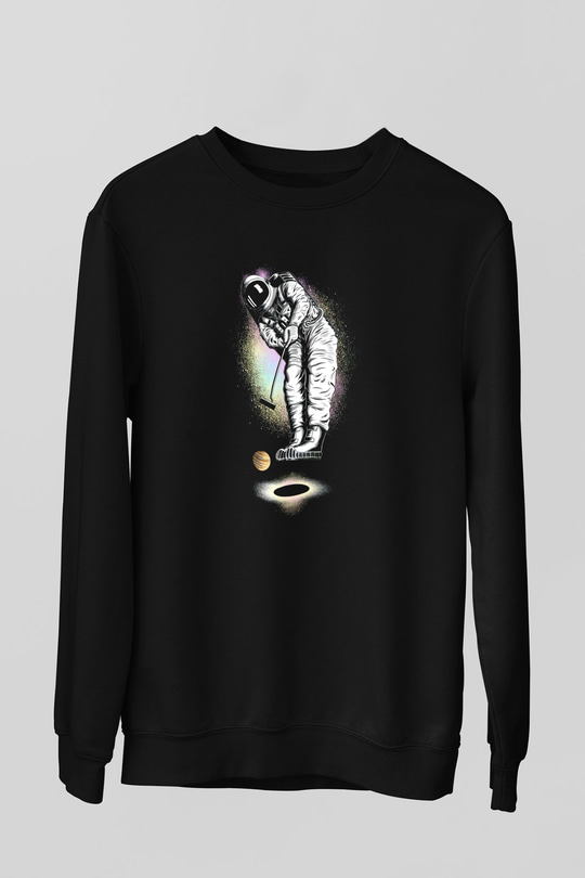Golf Oynayan Astronot Baskılı Unisex Siyah  Sweatshirt