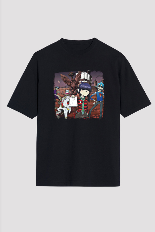 Gorillaz Baskılı Unisex Siyah Oversize Tişört