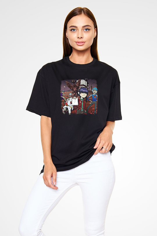 Gorillaz Baskılı Unisex Siyah Oversize Tişört