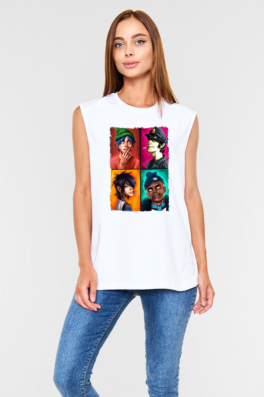 Gorillaz Beyaz Unisex Kolsuz Tişört