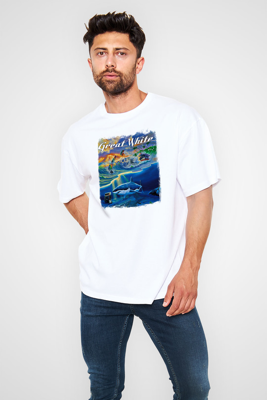 Great White Baskılı Unisex Beyaz Oversize Tişört
