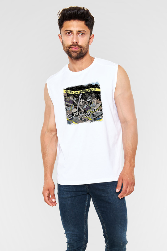Green Day Baskılı Unisex Beyaz Kolsuz Tişört