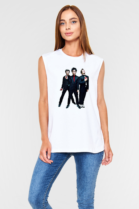 Green Day Baskılı Unisex Beyaz Kolsuz Tişört