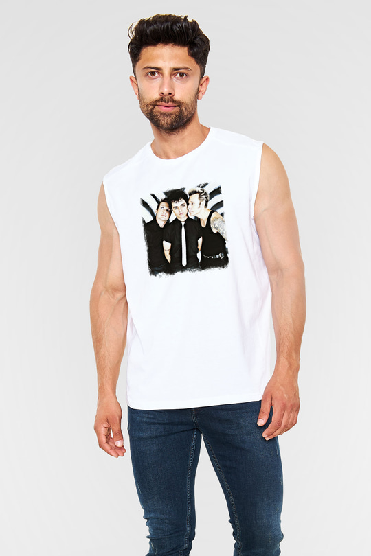 Green Day Baskılı Unisex Beyaz Kolsuz Tişört