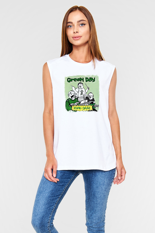 Green Day Baskılı Unisex Beyaz Kolsuz Tişört