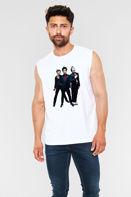 Green Day Baskılı Unisex Beyaz Kolsuz Tişört