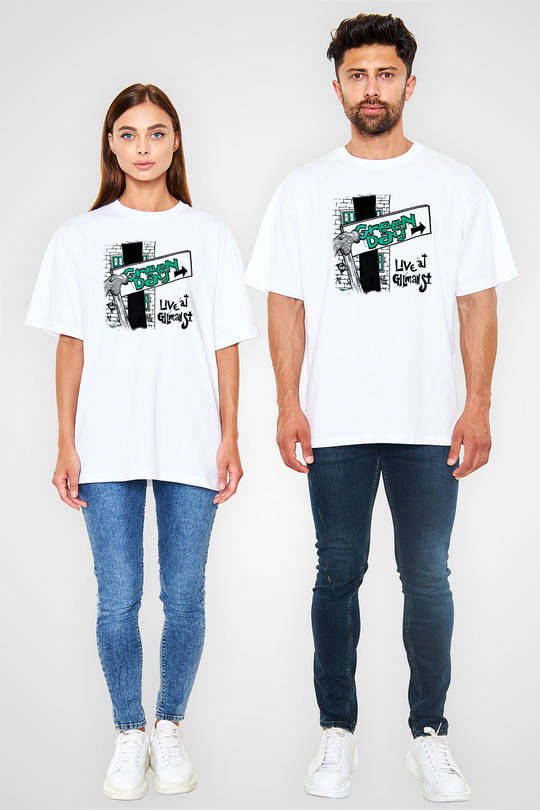 Green Day Baskılı Unisex Beyaz Oversize Tişört