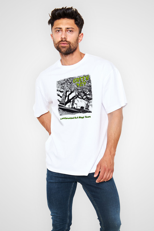 Green Day Baskılı Unisex Beyaz Oversize Tişört