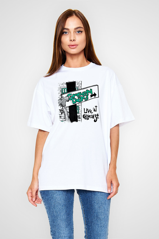 Green Day Baskılı Unisex Beyaz Oversize Tişört