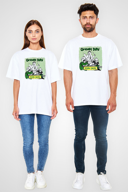 Green Day Baskılı Unisex Beyaz Oversize Tişört