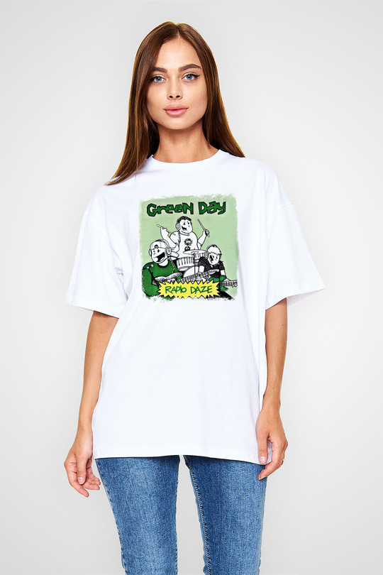 Green Day Baskılı Unisex Beyaz Oversize Tişört