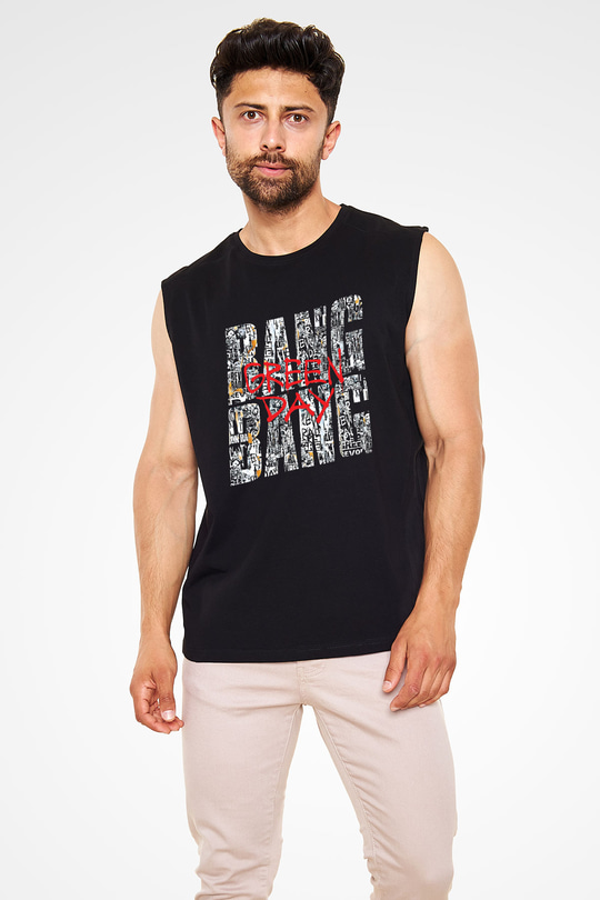 Green Day Baskılı Unisex Siyah Kolsuz Tişört