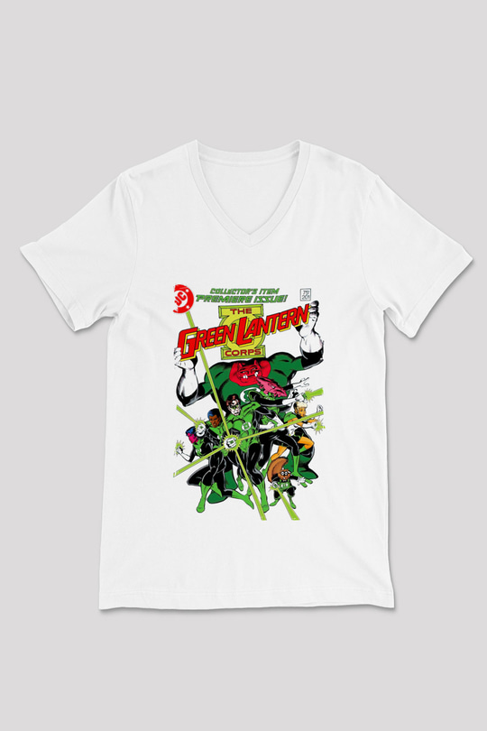 Green Lantern Beyaz Unisex  V Yaka Tişört