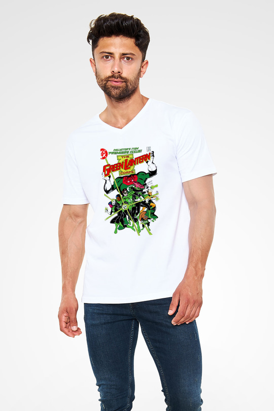 Green Lantern Beyaz Unisex  V Yaka Tişört