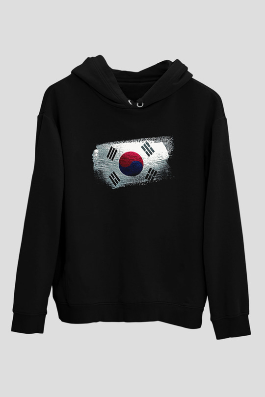 Güney Kore - South Korea Bayrağı Baskılı Unisex Siyah Hoodie