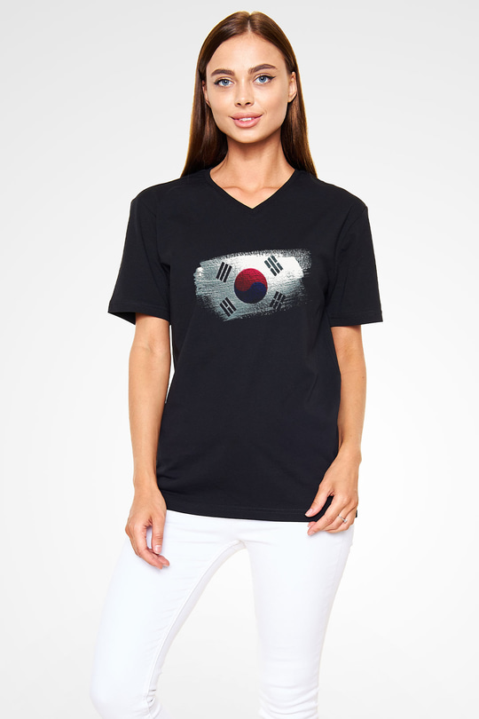 Güney Kore - South Korea Bayrağı Baskılı Unisex Siyah V Yaka Tişört