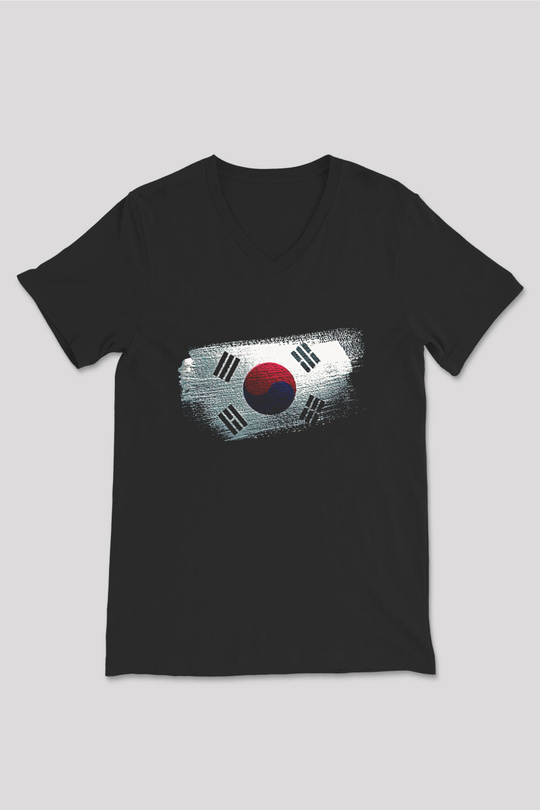 Güney Kore - South Korea Bayrağı Baskılı Unisex Siyah V Yaka Tişört