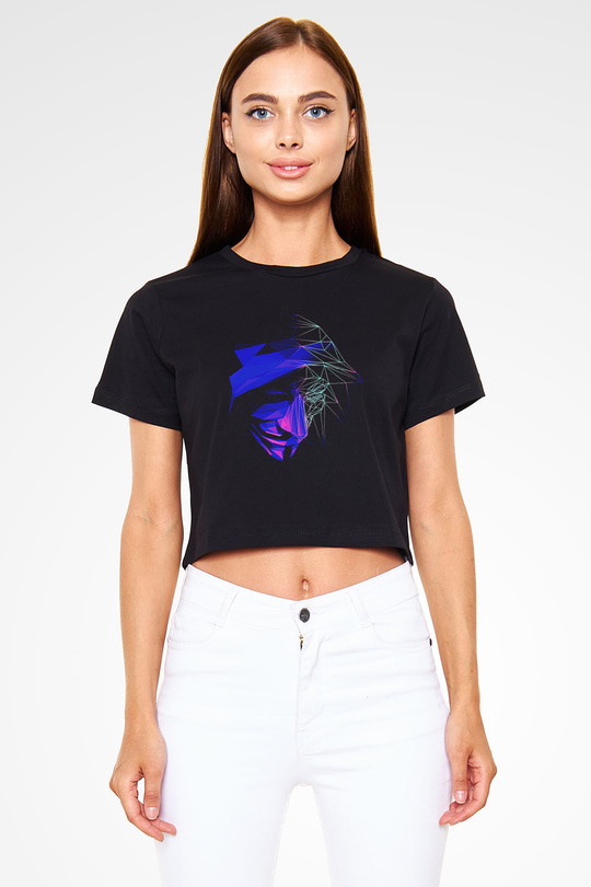 Hacker Baskılı Siyah Crop Top Kadın Tişört - Tshirt