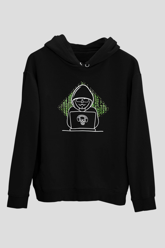 Hacker Baskılı Unisex Siyah Hoodie