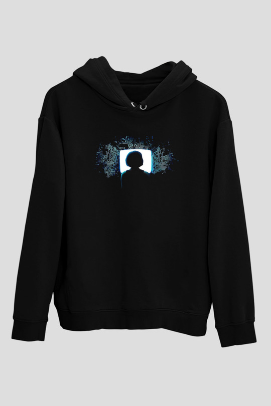 Hacker Baskılı Unisex Siyah Hoodie