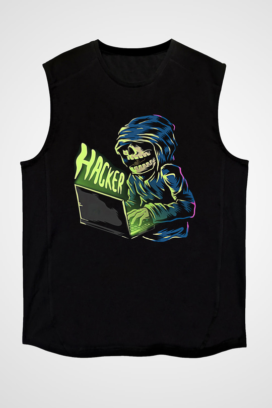 Hacker Baskılı Unisex Siyah Kolsuz Tişört - Tshirt