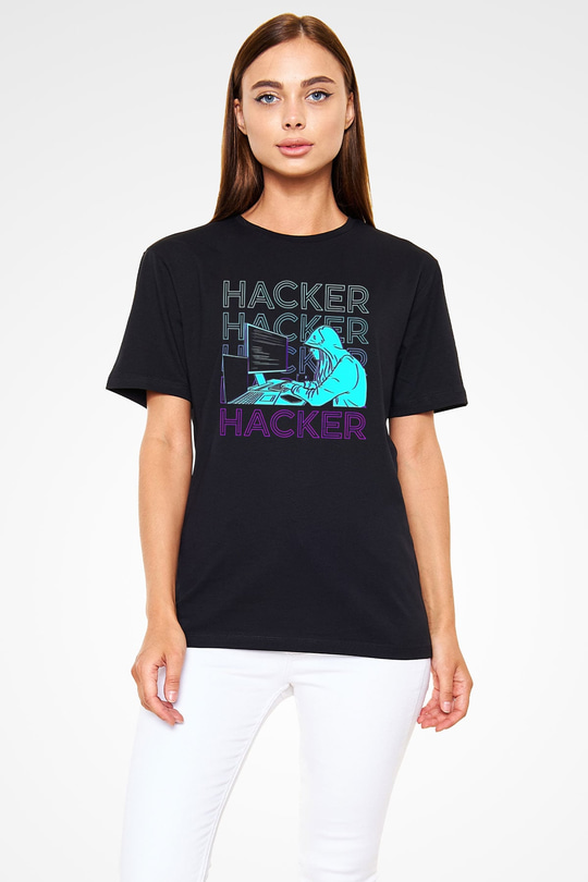 Hacker Baskılı Unisex Siyah Tişört - Tshirt