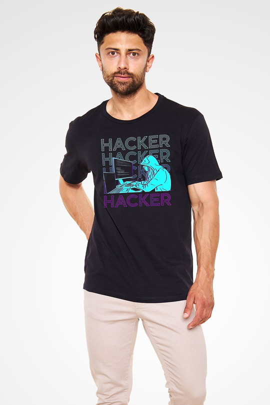 Hacker Baskılı Unisex Siyah Tişört - Tshirt