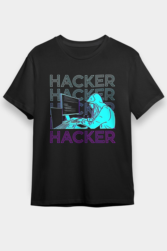 Hacker Baskılı Unisex Siyah Tişört - Tshirt
