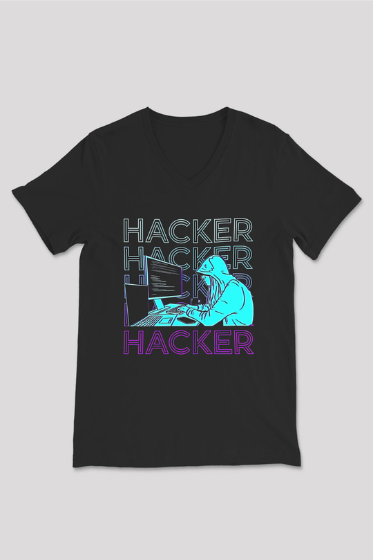 Hacker Baskılı Unisex Siyah V Yaka Tişört - Tshirt