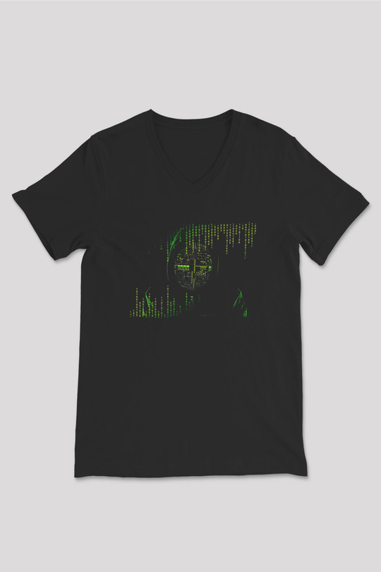 Hacker Baskılı Unisex Siyah V Yaka Tişört - Tshirt