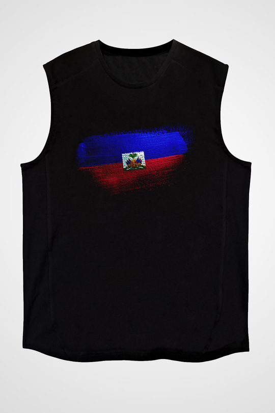 Haiti Bayrağı Baskılı Unisex Siyah Kolsuz Tişört