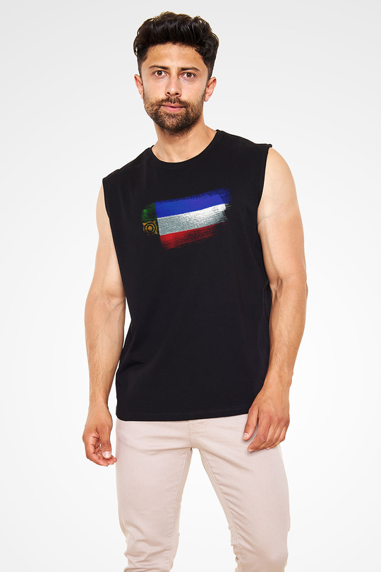 Hakasya - Khakassia Bayrağı Baskılı Unisex Siyah Kolsuz Tişört