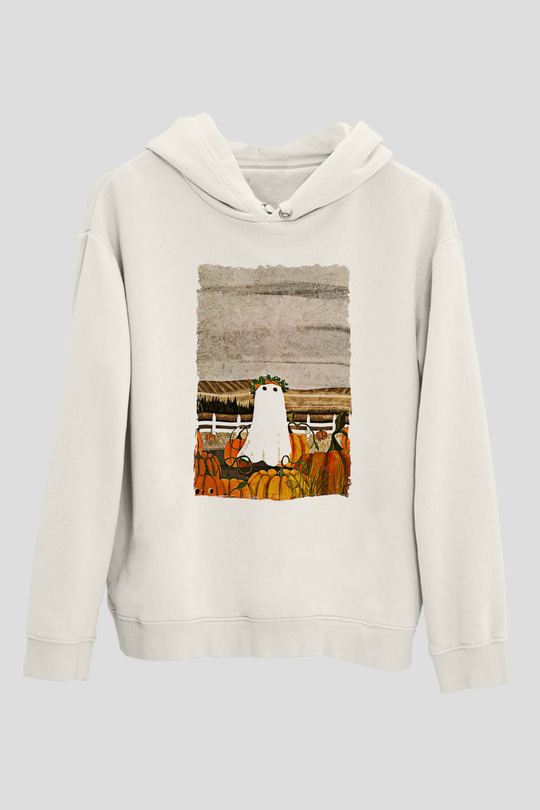 Halloween Baskılı Beyaz Unisex Hoodie
